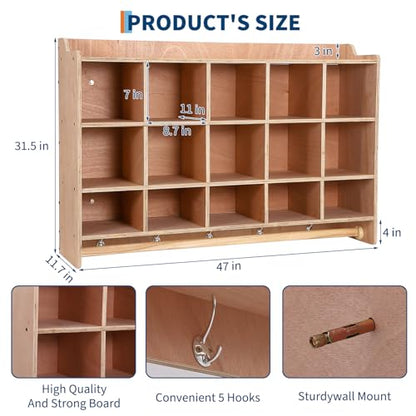 IDEALHOUSE Wall Mount Cubby Storage Organizer,15 Cubbies with Shoe Shelf Hooks 47Inch Width Daycare Shelves for Toys, Classroom Furniture, Kids Room Organization