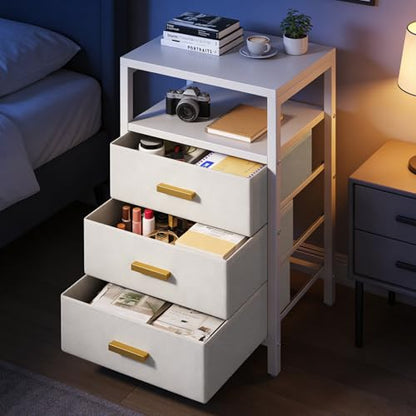 Nightstand 3 Drawers Side Table Modern Bedside End Table | White night stand with 3 fabric drawers, double layer shelf, metal frame, space saving end table for bedroom and living room - size: 3 Drawers, Single Piece