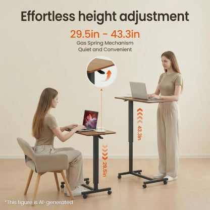 Careboda Overbed Table with Wheels Pneumatic Height Adjustable-Brown | Rolling Bedside Table for Home Hospital&Office