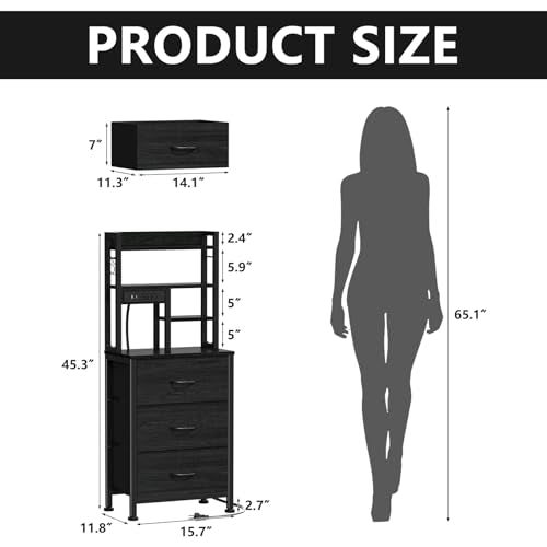 Black Nightstand with Bookshelf, Tall Bedside Table & Night Stand | 3 Fabric Drawers & LED Lights, 45.3" Bed Side & End table with Charging Station in Bedroom, Dorm, Metal Frame, Wood Shelves - color: Black Oak, size: 3 Drawer