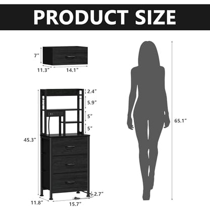 Black Nightstand with Bookshelf, Tall Bedside Table & Night Stand | 3 Fabric Drawers & LED Lights, 45.3" Bed Side & End table with Charging Station in Bedroom, Dorm, Metal Frame, Wood Shelves - color: Black Oak, size: 3 Drawer