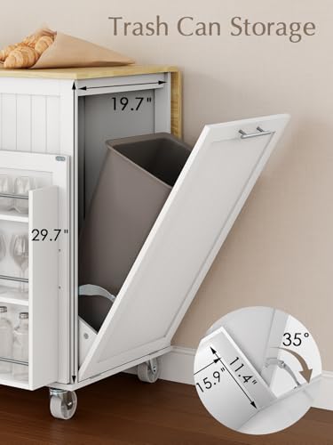 Kitchen Island with Storage, 43.3" Rolling Kitchen Island Cart on Wheels with Wide Drop Leaf Rubberwood Top, Large Mobile Island Table with Trash Can Storage and Towel Bar, White - size: Large Kitchen Island, style: Modern White