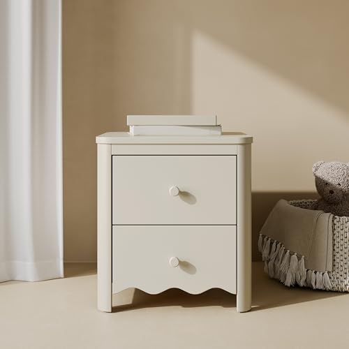 Storkcraft Casablanca 2 Drawer Nightstand, Frosted Oat | GREENGUARD Gold Certified, Storage for Kids Bedroom, Premium Wood Nightstand with Iconic Wave Detailing and Rounded Posts - color: Frosted Oat, style: Nightstand