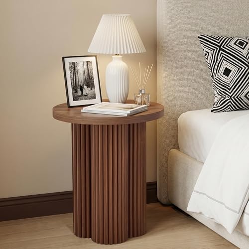 Round Fluted End Table, 17.7'' Mid Century Modern Side Table, Circle Bedside Tables Drink Table Wood Nightstand for Small Spaces, Living Room (Walnut-1PCS) - color: Walnut-1pcs