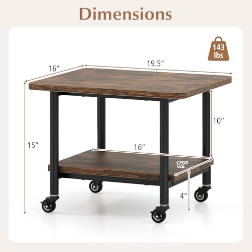 GOFLAME Under Desk Printer Stand, 2-Tier Industrial Mobile Printer Table with Storage Shelf, Metal Frame, Rolling Printer Cart Holder Storage Rack with Lockable Wheels for Home Office, Brown - color: Brown