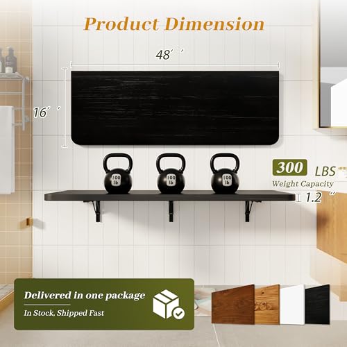 Dogsky 48" x 16" Floating Wall Desk, Fold Down Wall Table - 300 lbs Heavy Duty Solid Pine Wall Mount Folding Desk for Home Office, Laundry Room, Kitchen & Small Apartment, Black - color: Black, size: 48'' x 15.7'' x 8.3''