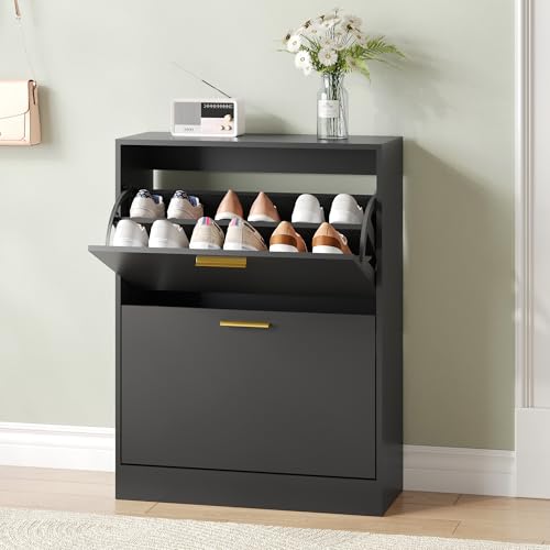 Shoe Cabinet Storage for Entryway, White Shoe Organizer with 2 Flip Drawers & Open Shelf, Freestanding Hidden Large Shoe Storage Cabinet (1pc-Black, 2 Flip Drawers) - color: 1pc-black, size: 2 Flip Drawers without Shelf