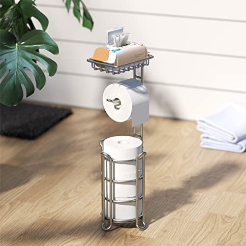 Toilet Paper Holder Stand Bathroom Tissue Dispenser Holders Rack Free Standing with Extra Shelf Storage Mega Rolls/Phone/Wipe - Silver - color: B-silver
