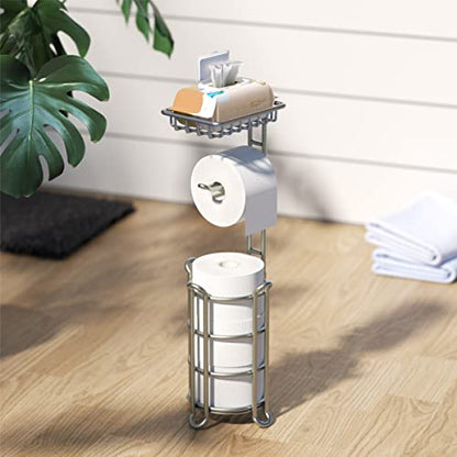 Toilet Paper Holder Stand Bathroom Tissue Dispenser Holders Rack Free Standing with Extra Shelf Storage Mega Rolls/Phone/Wipe - Silver - color: B-silver