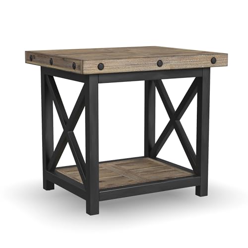 Flexsteel Craftsman Solid Acacia Wood End Table, Rustic Industrial with Lower Shelf, Hand Worked Metal Frame, Distressed Side Table Living Room Furniture, Farmhouse Nightstand (Light Brown)