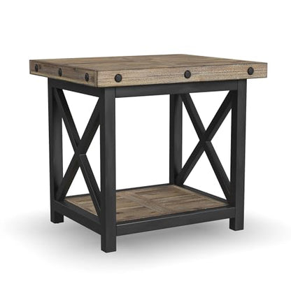 Flexsteel Craftsman Solid Acacia Wood End Table, Rustic Industrial with Lower Shelf, Hand Worked Metal Frame, Distressed Side Table Living Room Furniture, Farmhouse Nightstand (Light Brown)