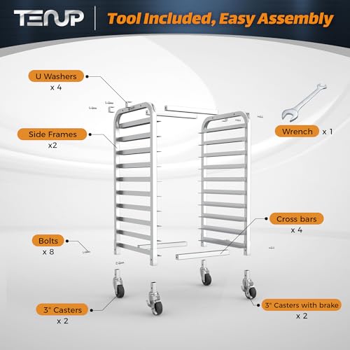 TenUp 10-Tier Half Size Sheet Pan Rack, Heavy-Duty Aluminum Bakery Rack with Wheels – Commercial Cooling & Storage Cart – 18" L x 15.5" W x 36" H - size: Half Size 10-Tier