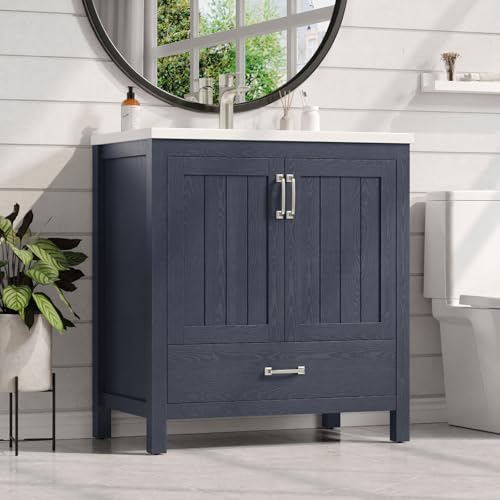 ONBRILL 30'' Bathroom Vanity with Single Sink Combo, Freestanding Bathroom Vanities with Resin Sink & Door Shelf, Farmhouse Storage Cabinet with 2 Soft Closing Door & Drawer (Blue) - color: Blue