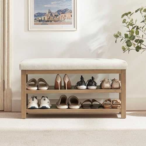 Zihanhome 2 Tier Shoe Rack Bench with Cushion, Solid Wood Shoe Benches, Mid-Century Modern Shoe Storage Bench for Entryway, Hallway, Living Room, Closet, Front Door Entrance, (Beige, 39.4") - color: Beige, size: 39.4"