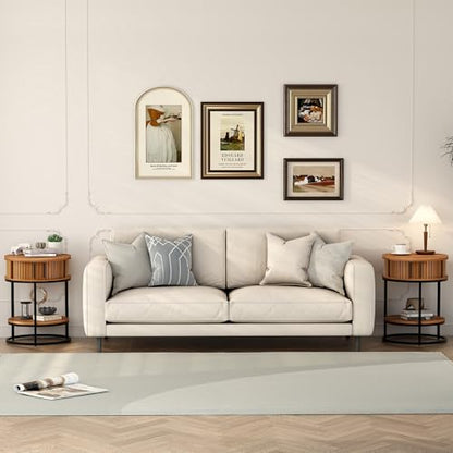 Turtle&Myrtle Small Round Side Table with Storage, 2-Tier Wooden End Table with Sliding Door and Shelf, Mid-Century Circle Nightstand for Living Room, Bedroom, Walnut, 2PC - style: Mid-Century Modern-2PC