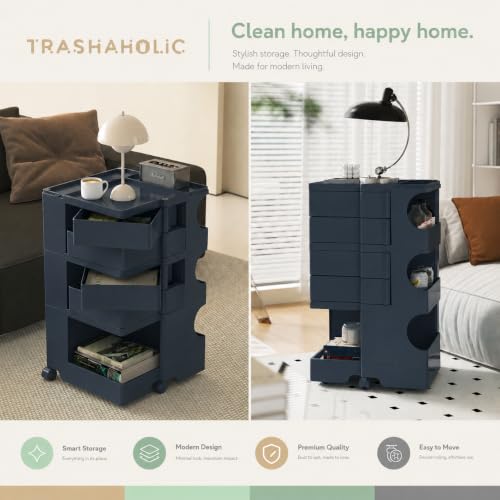 Rolling All-in-1 Utility Cart w Drawers for Arts and Craft + Designer Homes | 4 Swing-out Drawers + Open Shelves + Rolling Wheels For Kitchens, Salons, Home Offices, Hot Pot + Kids Rooms Dark Navy Blue - color: Navy Blue