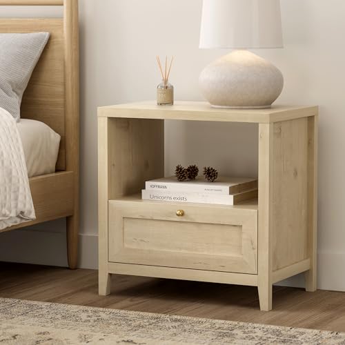 EYYTHUNG Wooden Nightstands with Drawer Modern 24" Wide End Table Night Stand Large Farmhouse Bedside Table with Open Shelf Mid Century Night Stands for Sofa, Light Oak - color: Light Oak, size: 1 PC
