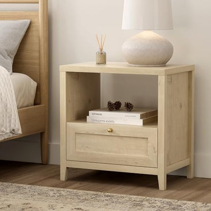 EYYTHUNG Farmhouse Nightstands Set of 2 with Drawer Modern 24" Wide End Table Night Stand Large Wooden Bedside Table with Open Shelf Mid Century Night Stands for Sofa, Light Oak - color: Light Oak, size: 2 PCS