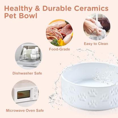 SPUNKYJUNKY Ceramic Dog and Cat Bowls 2 Pack, 5.1'' Dog and Cat Food Water Double Feeding Bowls Non-Slip for Cats and Puppy Small Sized Breed Dogs Microwave Dishwasher Safe - 13.5 OZ, 2pcs, Paw White - color: Paw White - Only Bowls*2, size: 5.1 in - 1.7 c