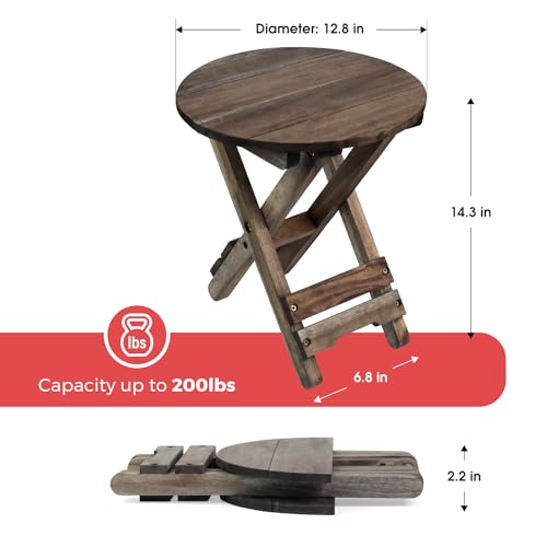 Small Patio Table, Outdoor Folding Side Table, Portable Accent Coffee End Table, Wood Top for Living Room, Bedroom (Round - Walnut-Set of 2)