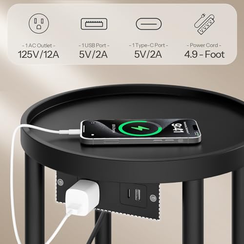 HOOBRO Set of 2 Small Round Side Tables with Charging Station, 2-Tier Round Bamboo End Tables, Easy Assembly, for Living Room, Bedroom, Apartment, Black BB156UBZP201 - color: Black