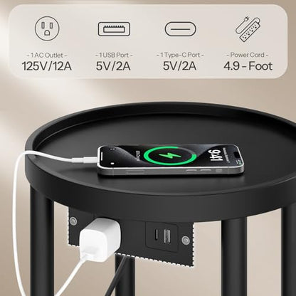 HOOBRO Set of 2 Small Round Side Tables with Charging Station, 2-Tier Round Bamboo End Tables, Easy Assembly, for Living Room, Bedroom, Apartment, Black BB156UBZP201 - color: Black