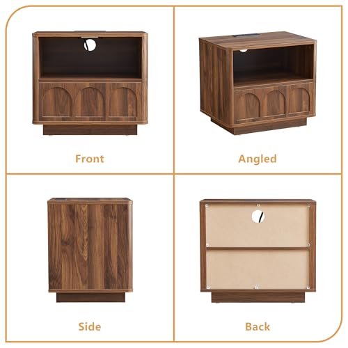 Accent Bed Side Table with Charging Station, Mid Century Modern Nightstand with Storage for Bedroom, Low Rectangle End Table with Drawer for Living Room Couch, Office, Samll Spaces - Walnut - size: Walnut-drawer