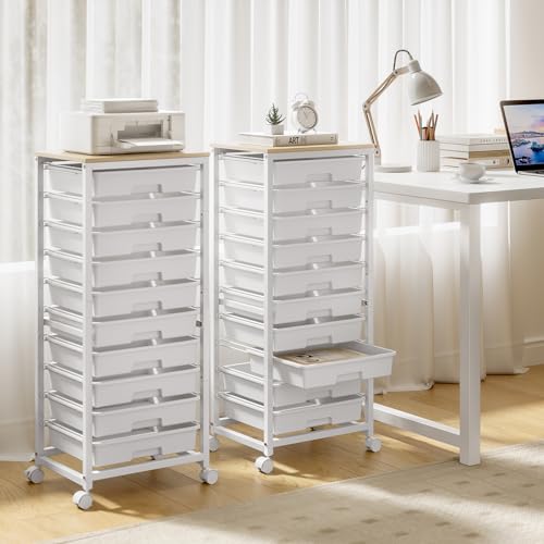 SYKIARIOL Rolling Cart with Drawers,10 Drawer Rolling Cart,Storage Cart with Wheels,Utility Cart with Drawers,Teacher Cart for Classroom Storage,Craft Cart with Wheels and Wooden Tabletop,White - color: white