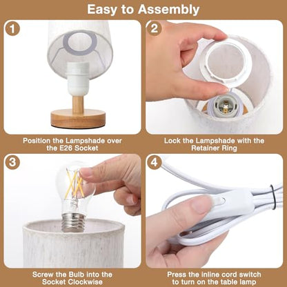 Fenmzee Small Table Lamp for Bedroom - Inline Control, Bedside Lamp with 3000K A15 LED Blub, Easy Assembly (Cream Shade - Wood Base, 9" Inline Control) - color: Cream Shade - Wood Base