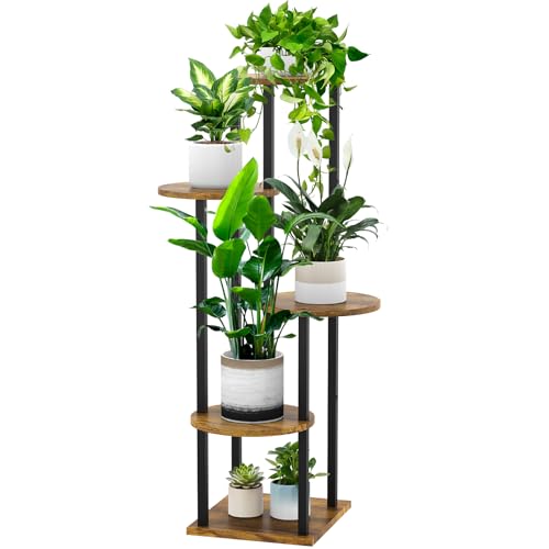 5 Tier Wood Tall Plant Stand Metal Rack Indoor, Multiple Flower Pot Holder Shelves Corner Rack, Round Planter Shelf Display Rack Storage Organizer for Patio Living Room Balcony(Black+Brown) - color: Black+Brown, size: 5 Tier