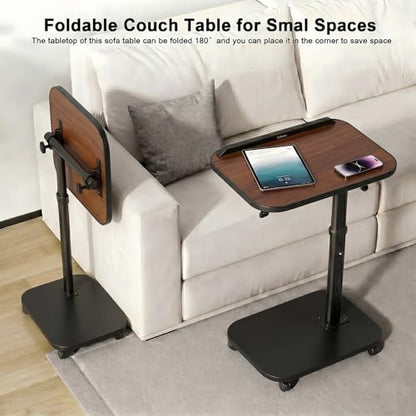 C Table End Table Adjustable Height, Rolling TV Tray Table for Small Spaces 180° Flip-Over Panel Design & 360° Swivel Casters, C Shaped Side Tables for Couch for Living Room, Bedroom, Bed, Sofa, Snack - color: Brown