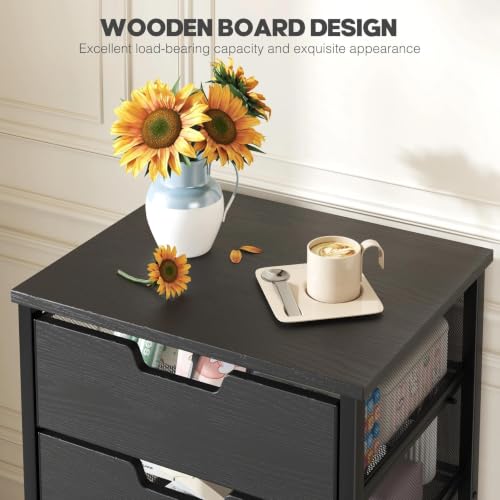 Rolling Cart with Drawers, Wooden Top and Front, with Wheels Metal Under Desk Storage Cart with 4 Drawers, for Office, Bedroom, Classroom, Home, Black - color: Black