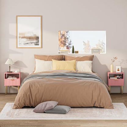 Night Stand,Modern Bedside Table with Drawer and Shelf,Pink Night Stand with Gold Frame,Small Side Table for Bedroom,Living Room - color: Pink
