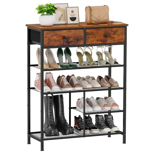 Snughome Shoe Rack, 5 Tier Shoe Storage Organizer with 2 Drawers, Shoe Storage Shelves with Sturdy Wooden Top and Metal Shelves, Free Standing Shoe Rack for Entryway Closet - size: 5 Tier (37.08"H)