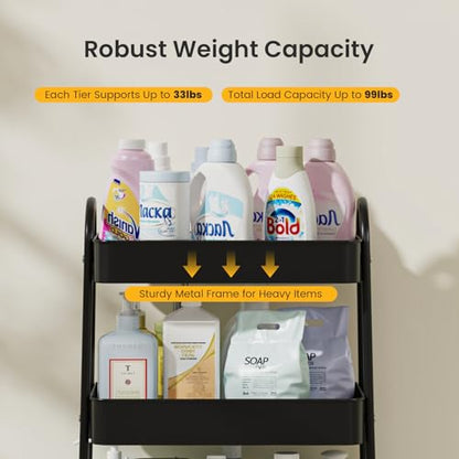 DUMOS 3 Tiers Metal Rolling Utility Cart with Lockable Wheels, Mobile Storage Organizer, Utility Shelving Unit for Kitchen, Office, Bathroom, Laundry, Narrow Places, Black - color: 3 Tiers Black