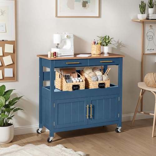 Best Choice Products 36in Large Rolling Kitchen Island Cart, 2-Door Cabinet, 2 Drawers, Pull-Out Shelf, Power Outlet, Hooks, & Swivel Lockable Wheels - Slate Blue - style: Slate Blue