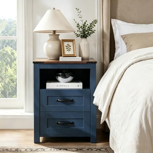 Farmhouse Night Stand, Rustic Blue Nightstand for Bedroom, End Tables with Charging Station, Bedside Table with Drawers, Wood Bedside Cabinet Dresser - color: Blue, size: 1pcs with Charging