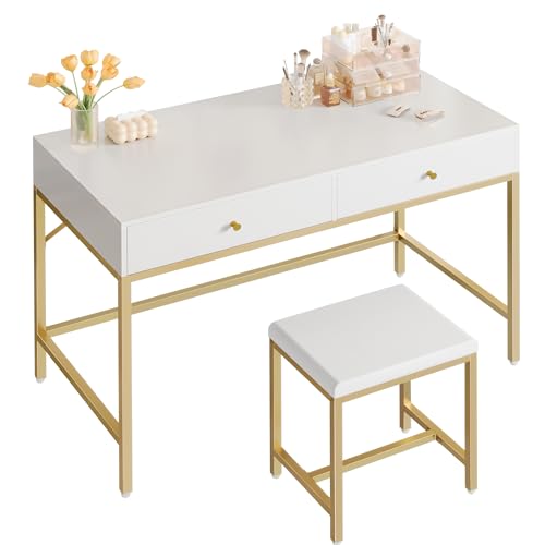 SUPERJARE 43-inch Modern White & Gold Desk - 2 Drawer Vanity | Computer & Home Office Study Desk for Writing & Bedroom - color: Gold and White, size: 43.3 inch