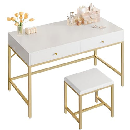 SUPERJARE 43-inch Modern White & Gold Desk - 2 Drawer Vanity | Computer & Home Office Study Desk for Writing & Bedroom - color: Gold and White, size: 43.3 inch