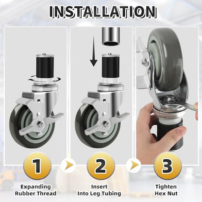 Besitu 4 inches Prep Table Wheels Set of 4, 1-1/2" and 1-5/8" Expanding Stem Caster with Side Brake for Stainless Steel Table, Cart, Furniture Legs, Commercial Kitchen Appliances, Workbench - style: 4 Inch