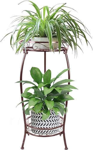 MOCORY Plant Stand Indoor Outdoor 2 Tier 27" Tall Metal Potted Holder Rack Flower Pot Stand Heavy Duty Plant Shelf Rustproof Iron Multiple Plant Round Supports Rack for Planter Corner Garden Balcony - color: Brown