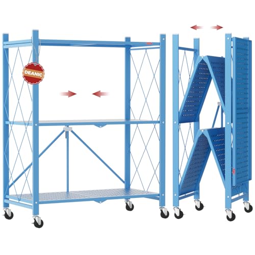 DEANIC 3 Tier Foldable Storage Shelves with Wheels, Kitchen Appliance Stand, Freestanding Metal Wire Shelf Rack, No Assembly Organizer Rolling Cart for Garage, Basement, Pantry(Blue) - color: Blue