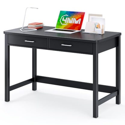 4NM 39.4" Small Desk with Wood Drawers, Home Office Computer Desk with Wooden Legs, Study Writing Table Vanity Desk for Small Spaces - Black