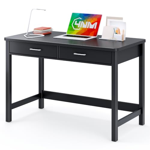 4NM 39.4" Small Desk with Wood Drawers, Home Office Computer Desk with Wooden Legs, Study Writing Table Vanity Desk for Small Spaces - Black