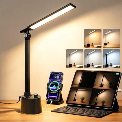 BOHON Small Desk Lamp with USB C Charging Port 5 Colors Stepless Dim Black | Reading Light Space-Saving Rotating Head Desk Lamp for Home Office College Dorm Room Bedside Table Bedroom - color: Matte Black