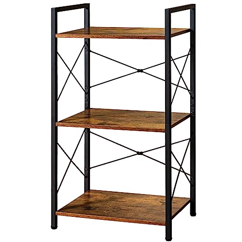 HCHQHS Small Bookshelf, Adjustable 3-Tier Industrial Bookcase, Rustic Open Book Shelf, Wood and Metal Horizontal Bookshelves - color: Rustic Brown, size: 3-Tier (16.5"W x 31.5"H, Adjustable)