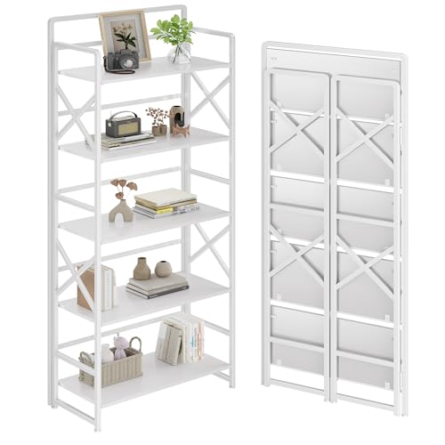 Folding Bookshelf 5 Tiers,No Assembly,Industrial Metal Storage,White | 55.3''H Vintage Wood Collapsible Foldable Bookcase,Metal Storage Rack Organizer for Living Room, Bedroom, Home Office - color: White-xx, size: 5-tier
