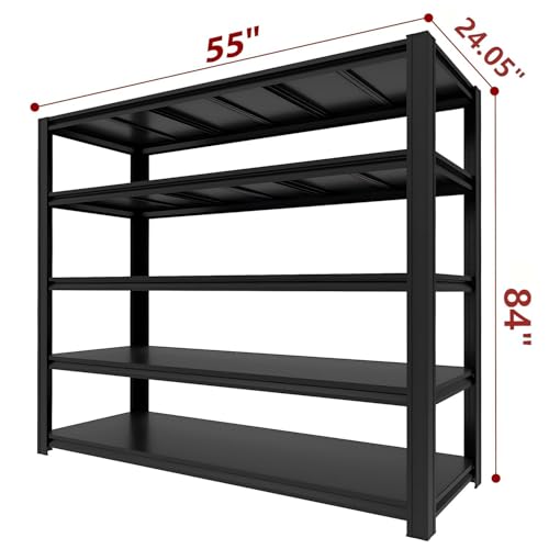 5 Tier Heavy Duty Garage Shelving Units, 5000 lbs Capacity Adjustable Metal Storage Shelves, 84" H x 55" W x 24.05" D Steel Utility Racks for Garage, Warehouse, Basement