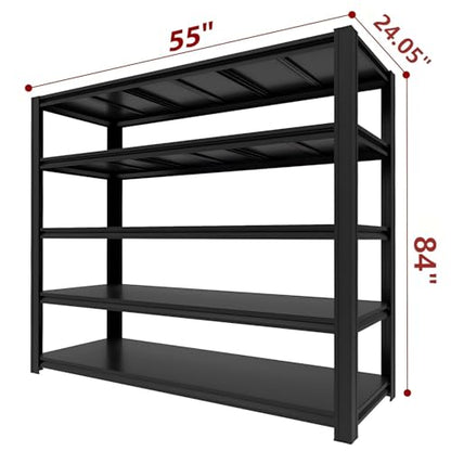 5 Tier Heavy Duty Garage Shelving Units, 5000 lbs Capacity Adjustable Metal Storage Shelves, 84" H x 55" W x 24.05" D Steel Utility Racks for Garage, Warehouse, Basement