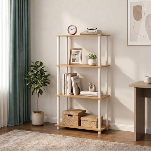 Furinno Turn-N-Tube Storage Shelves, 4-Tier Book Shelf, Corner Shelf, Toolless Open Shelves, for Organization and Storage, Living Room, Bedroom, Entryway, Laundry, Light Beech - color: Light Beech/White, size: 4-Tier